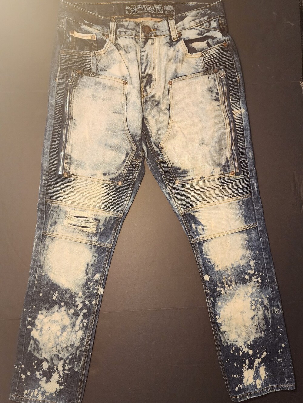 Heritage By America Jeans Mens Selvedge Medium Wash Blue Moto Biker 36x33